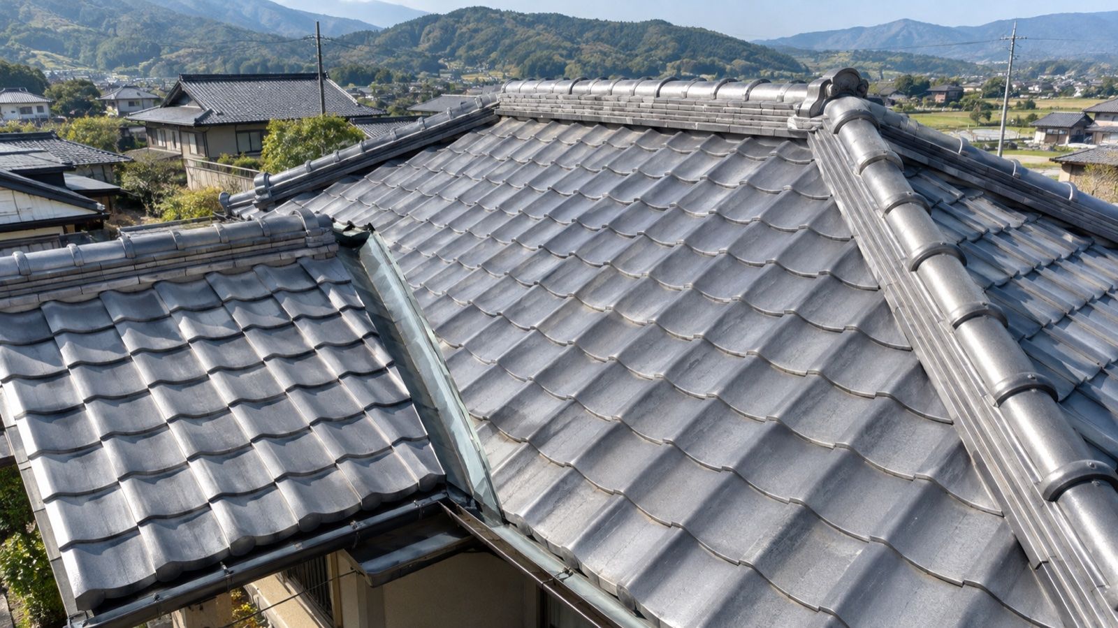 瓦屋根の棟（いちばん高い所）と、屋根の面がへこんで合わさる谷の様子